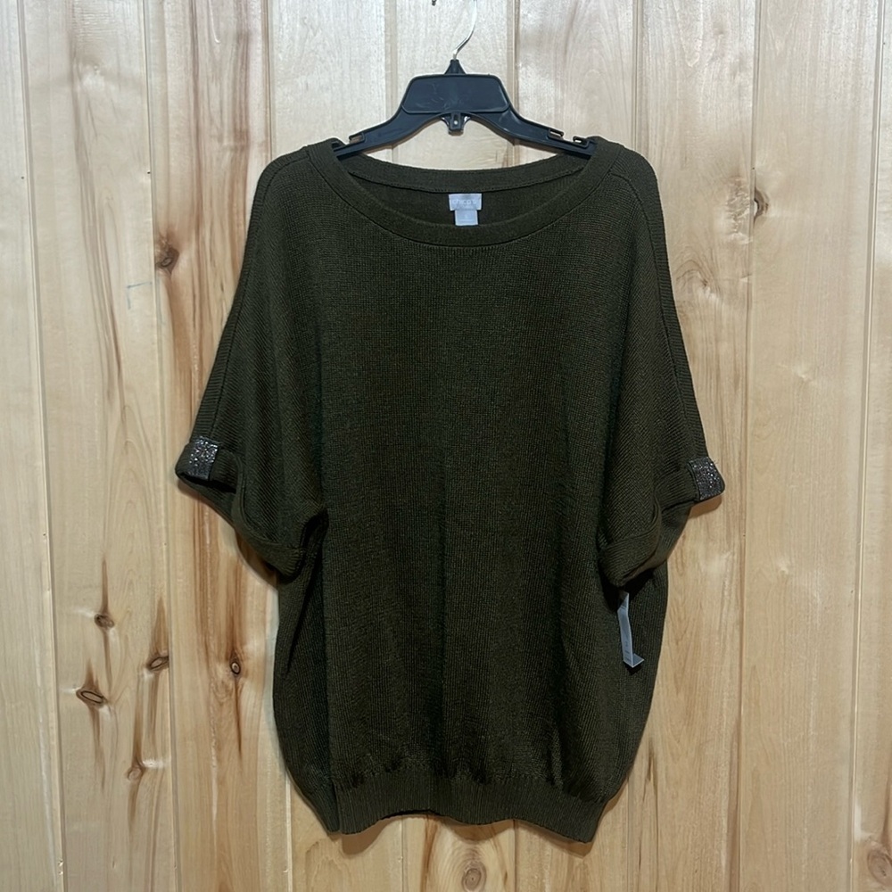 NWT Chico's Green Linen Blend Caviar Trim Short Banded Sleeve Pullover‎ Size XL